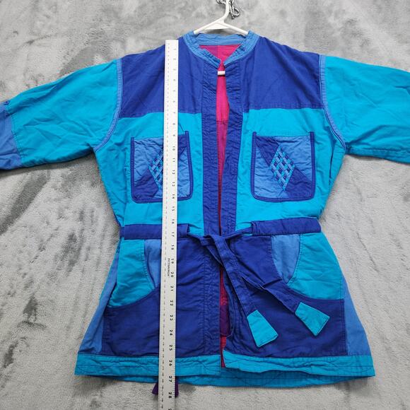 Vintage Jacket Womens M Pink Blue Nepal Reversible Packable Patchwork Belted - Picture 15 of 16
